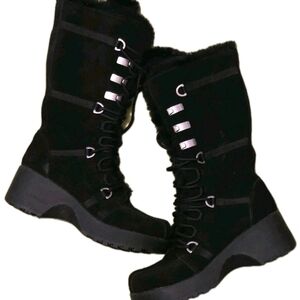 Y2K Womens Black Lace-Up Suede Winter Boots with Plush Collar Sz 6.5 Platform